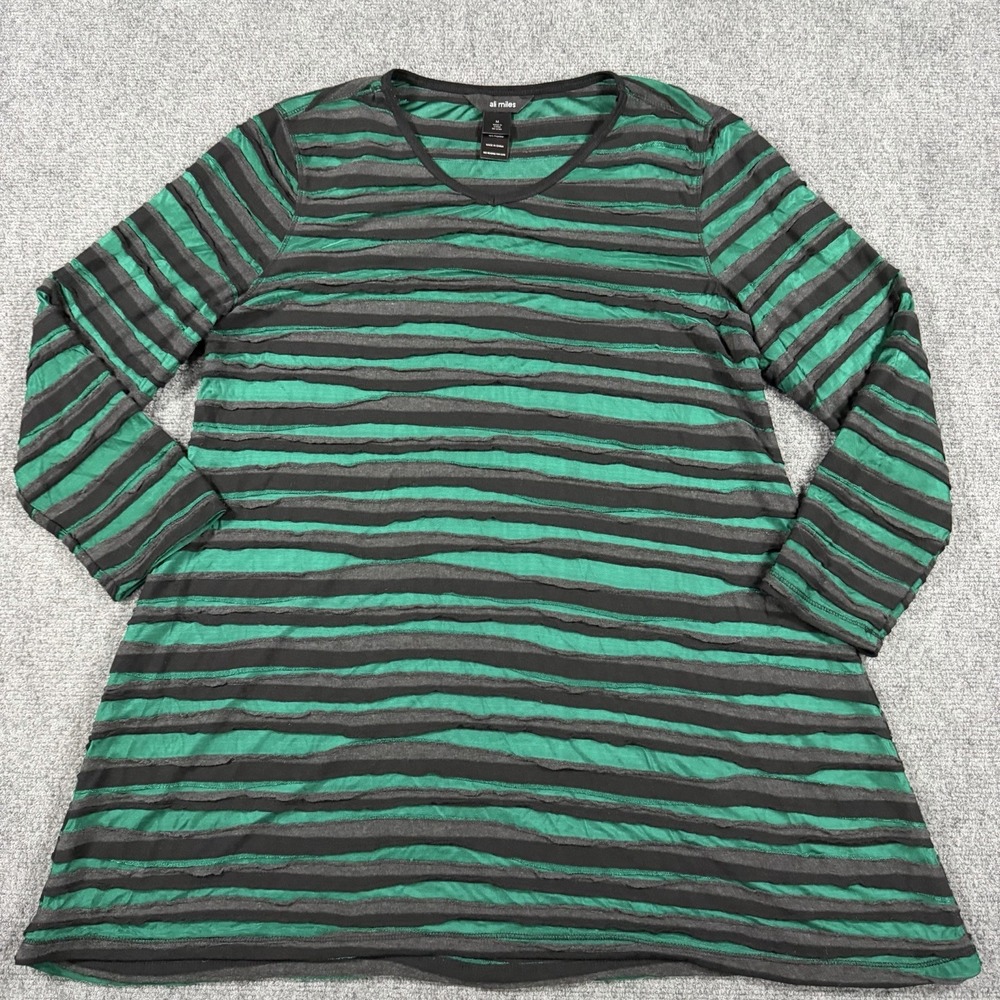 Ali Miles Tunic Top Womens M Green Black Gray Textured Semi Sheer Art To Wear